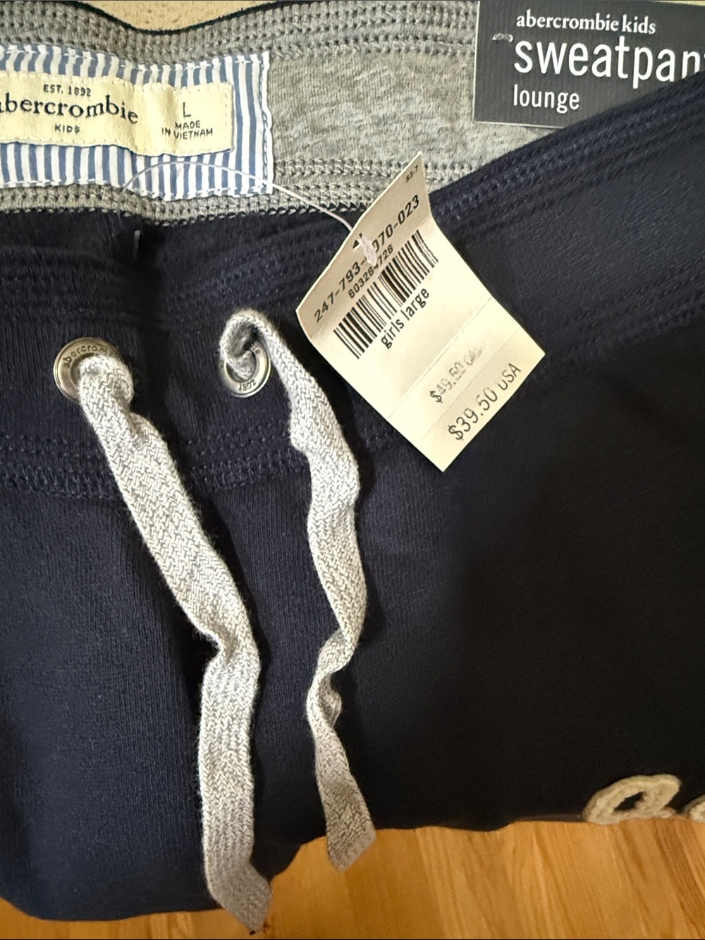 Abercrombie & Fitch Navy Sweatpants with Gray Drawcord and Pink Embroidery